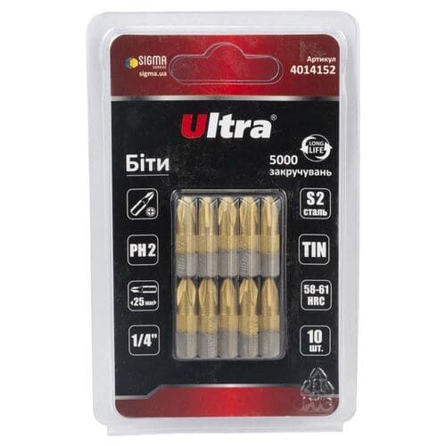 біти PH2×25мм ¼" 10шт S2 TIN (блістер) Ultra 4014152